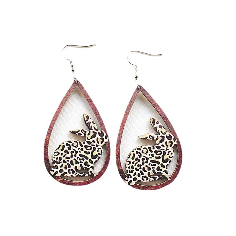 Wholesale Water droplet hollow leopard print Easter wooden earrings