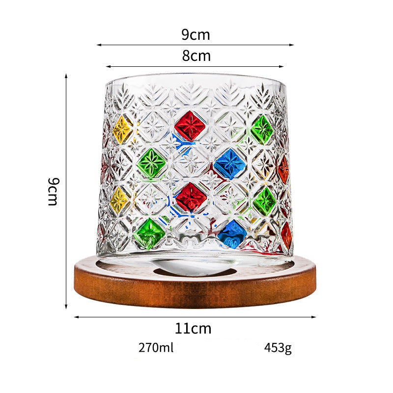 Wholesale Haisman thickened color glass creative rotating whiskey glass hand painted rotating cup with wooden tray decompression Cup