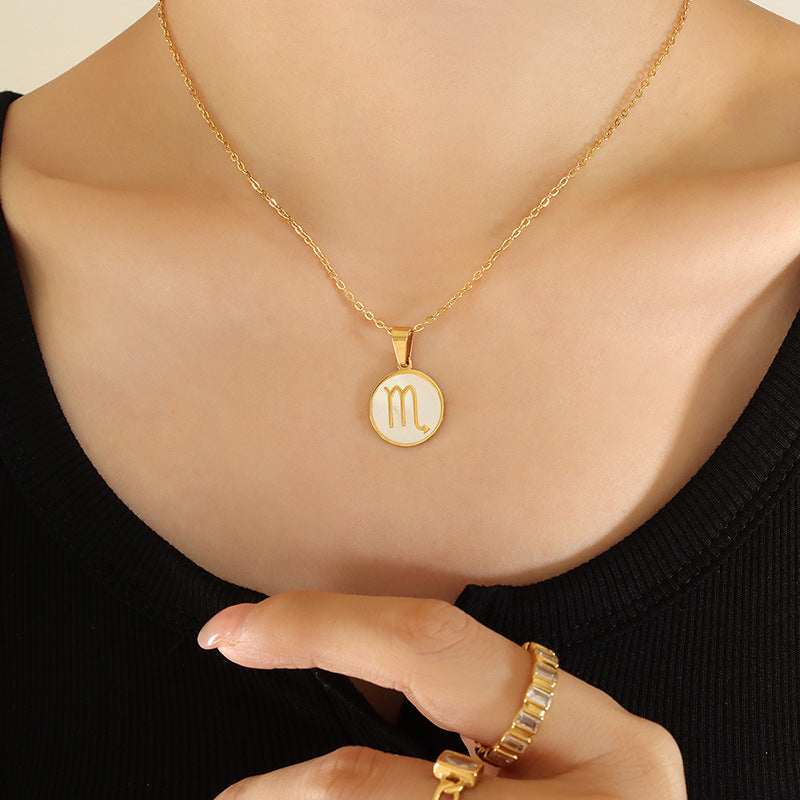 Wholesale Inlaid White Seashell Zodiac Pendant Plated 18K Real Gold Necklaces