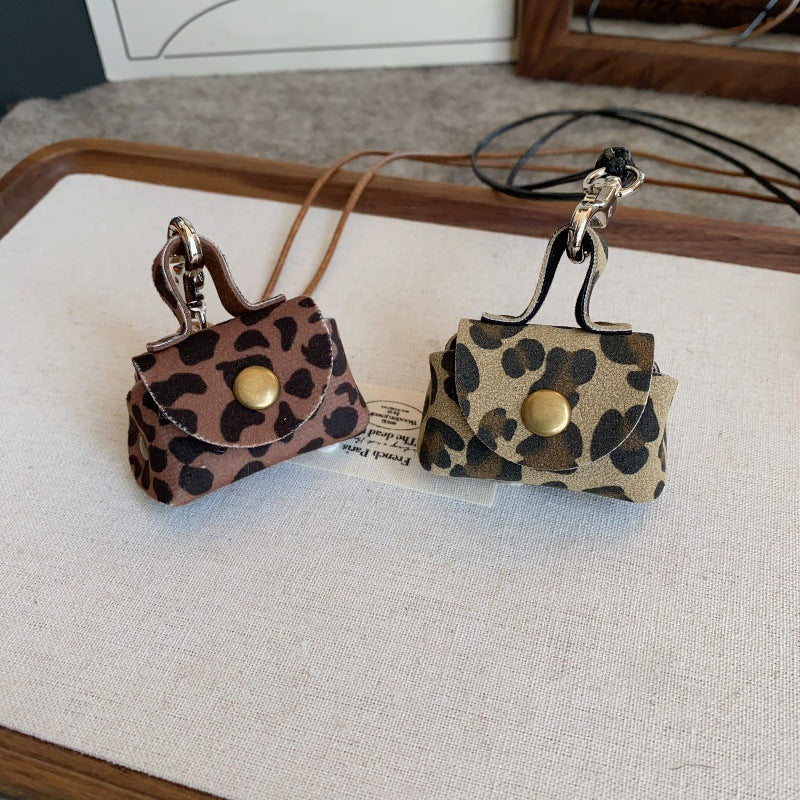 Wholesale Leopard Print Leather Small Coin Purse Earphone Cover Pendant Leather Cord Long Necklaces