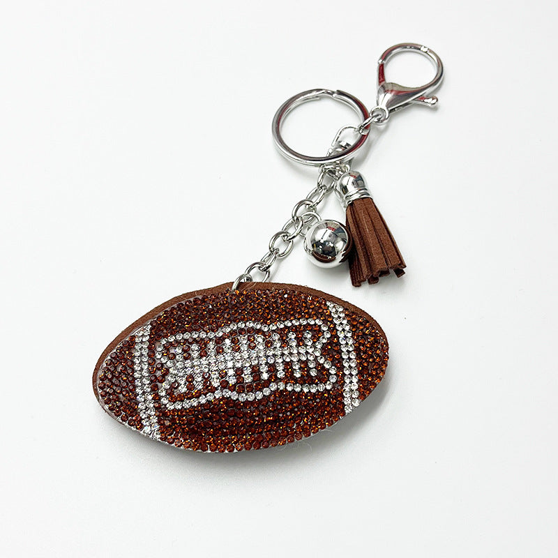 Wholesale Rhinestone rugby ball pendant with rhinestone tassels,  sporty bag accessory.