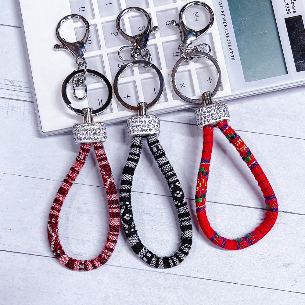 Wholesale Metal Colorful Ethnic Style Cotton Rope Diamond Keychain Lanyard