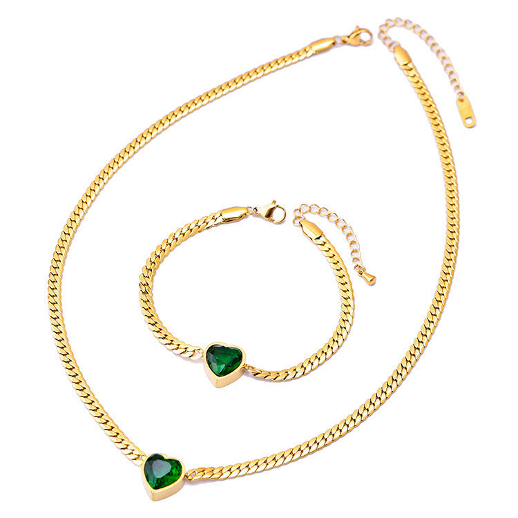 Wholesale European and American Fashionable White Zircon Love Necklace Titanium Steel Bracelet Simple and Versatile Girl Green Diamond Clavicle Chain Bracelet Heart Shape