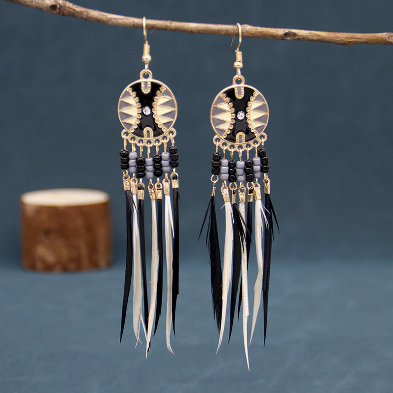 Wholesale Tassel Thin Feather Long Ethnic Style Earrings