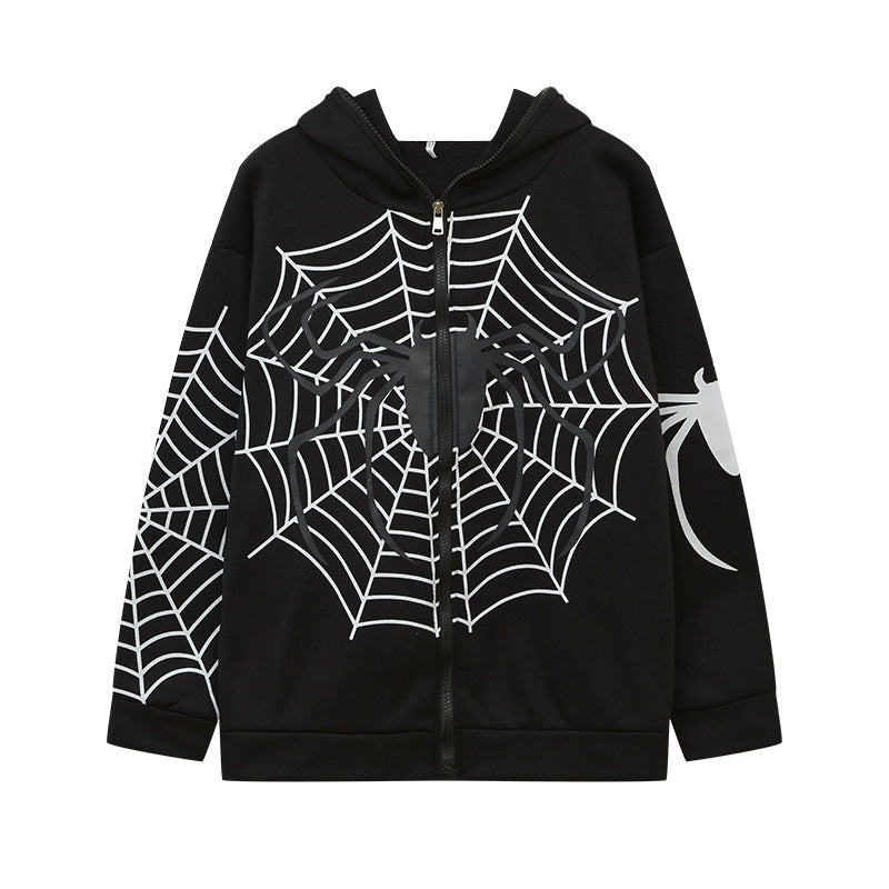 Wholesale Polyester Spider Web Zipper Sweater Casual Hoodie Spring and Autumn Fleece American Coat Top