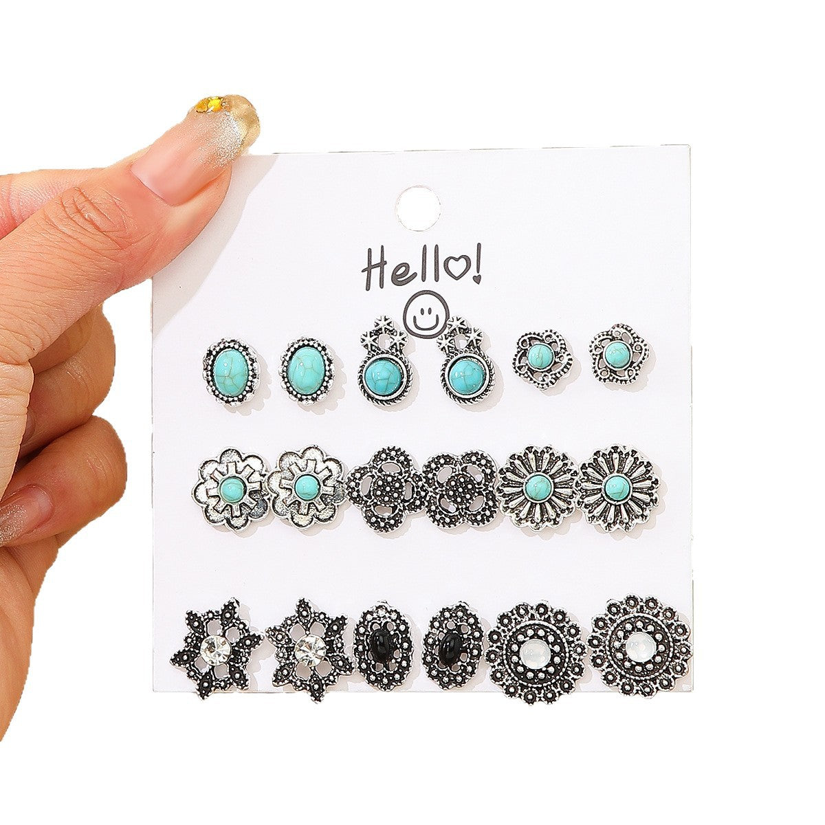 Wholesale Vintage Tibetan Floral Imitation Turquoise Earring Set 9 Pairs Geometric Boho Chic Jewelry Accessory