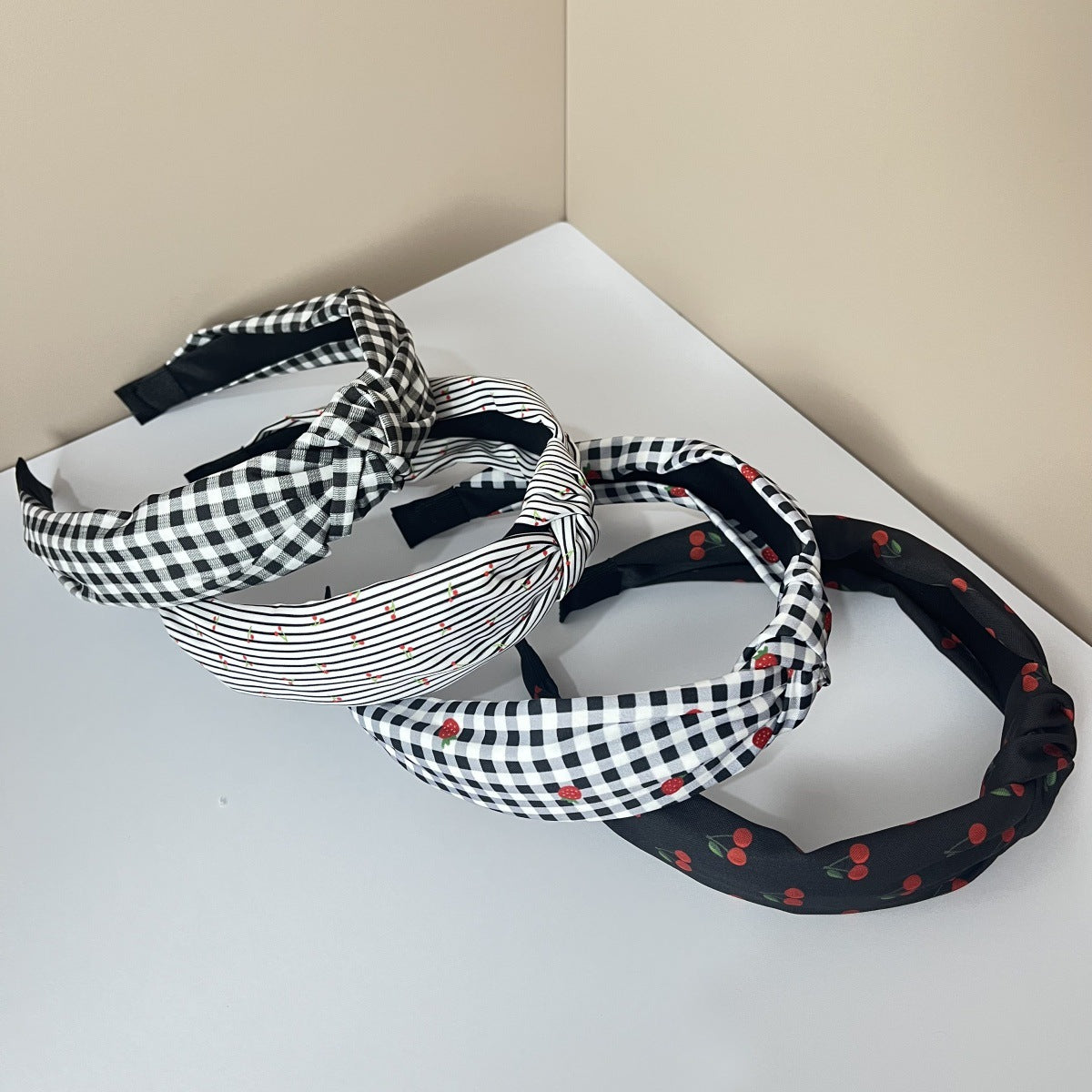 Wholesale Fabric Pure Flower Fruit Lemon Orange Cherry Wide Edge Knotted Headband Combination 4Pcs