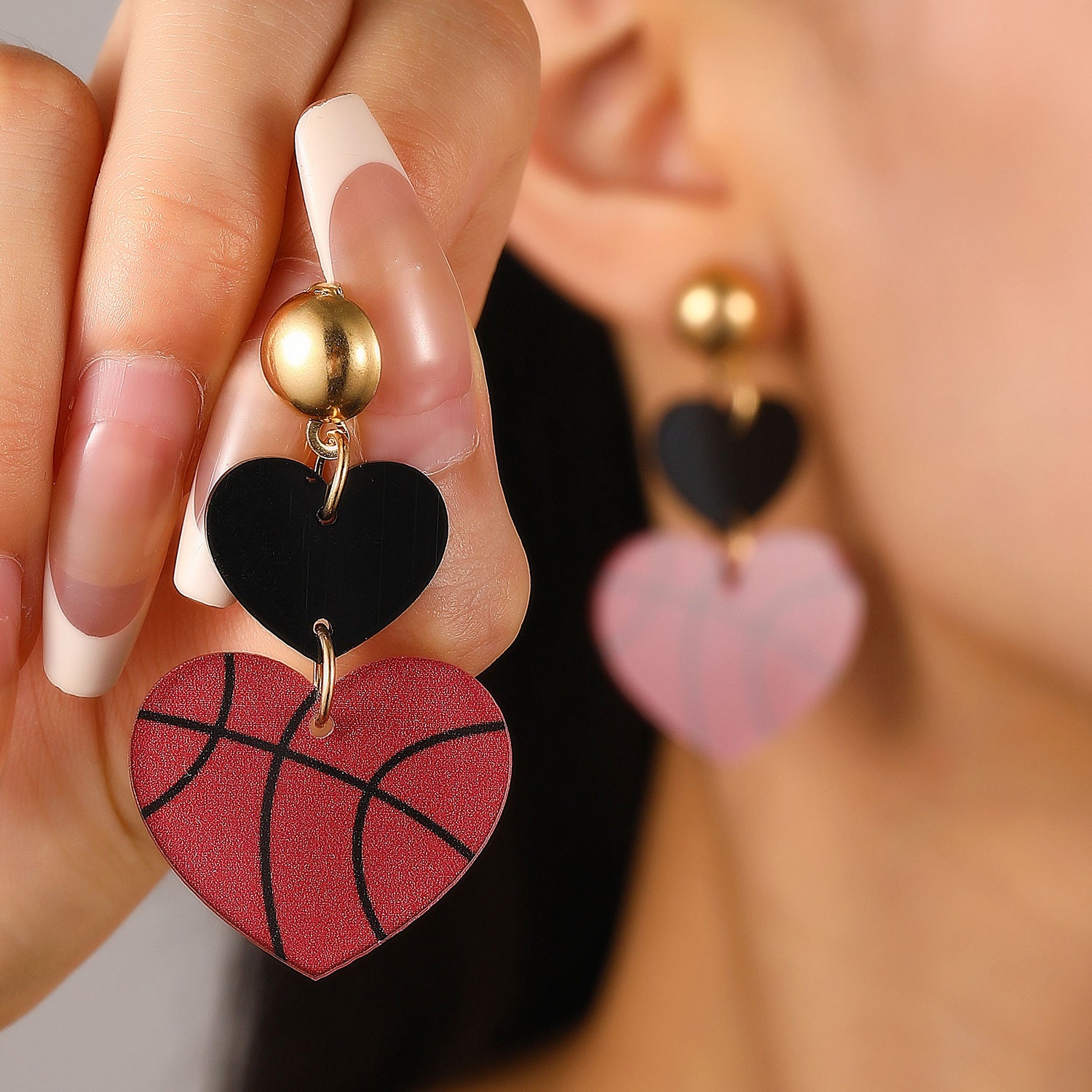 Wholesale Vintage Acrylic Heart Panel Double Heart Rugby Drop Earrings