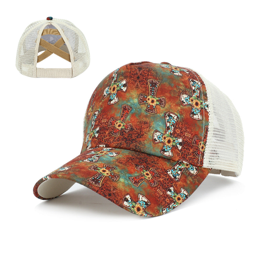 Wholesale  Western style Cross Ponytail Print Baseball Cap Peaked Cap
