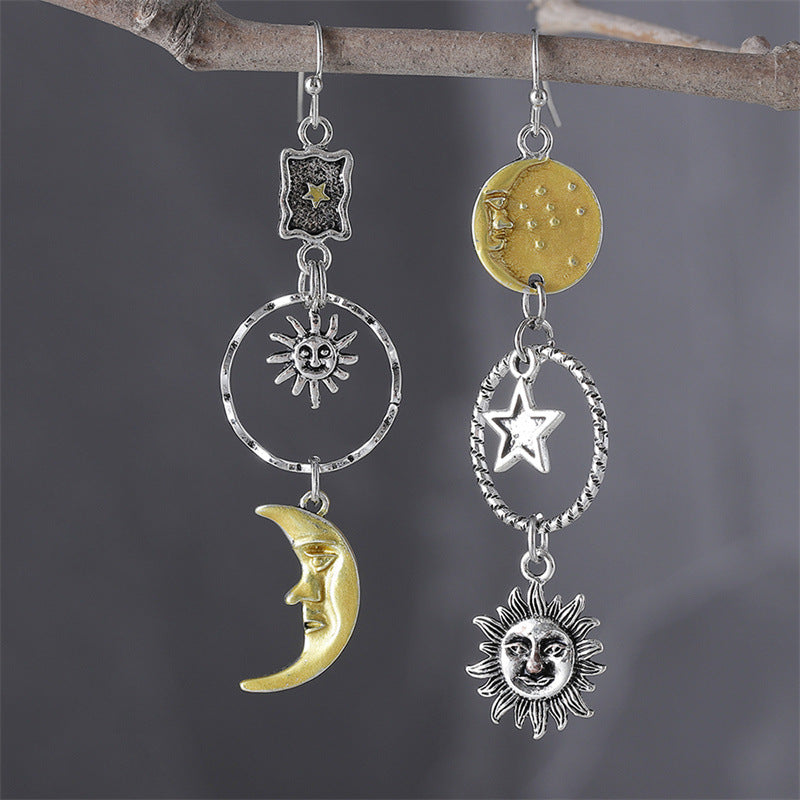 Wholesale Creative Retro Style Pentagram Sun Moon Asymmetrical Earrings