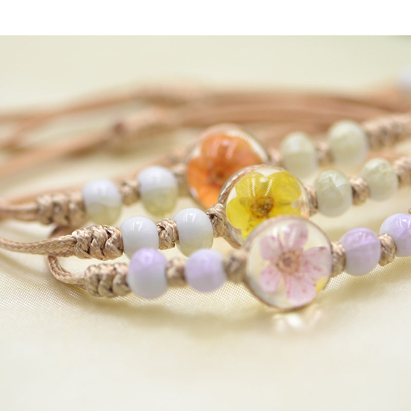 Wholesale Ceramic glass ball dried flower plant woven bracelet