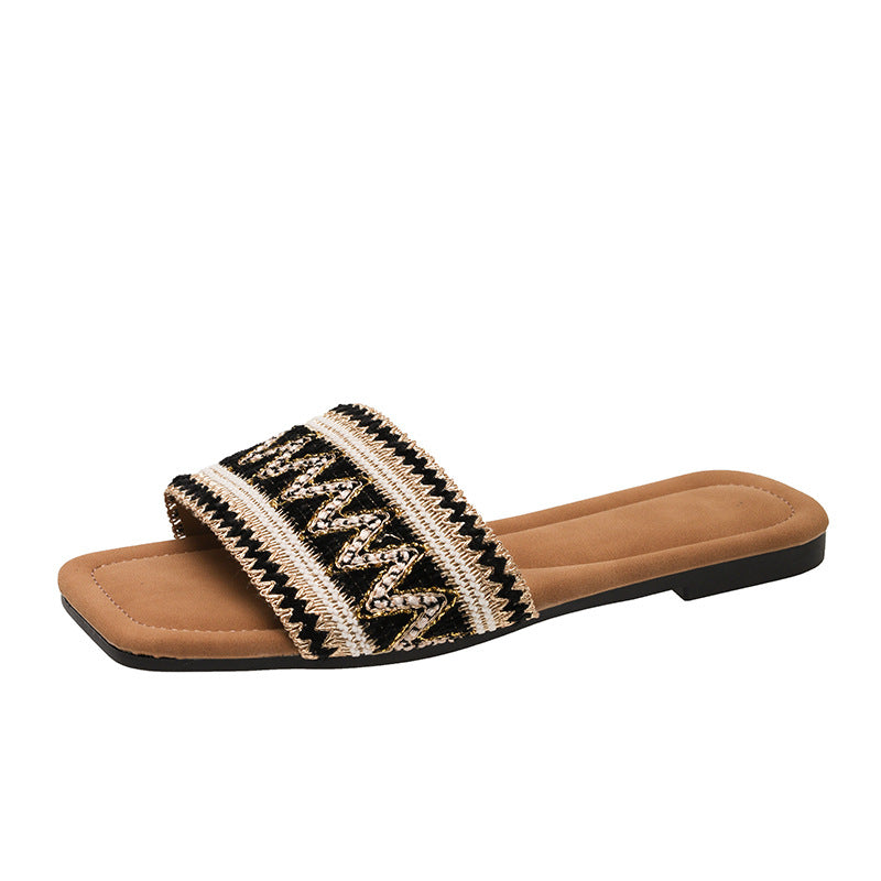 Wholesale Bohemian Square Head Rhinestone Flat Bottom Casual Beach Sandals