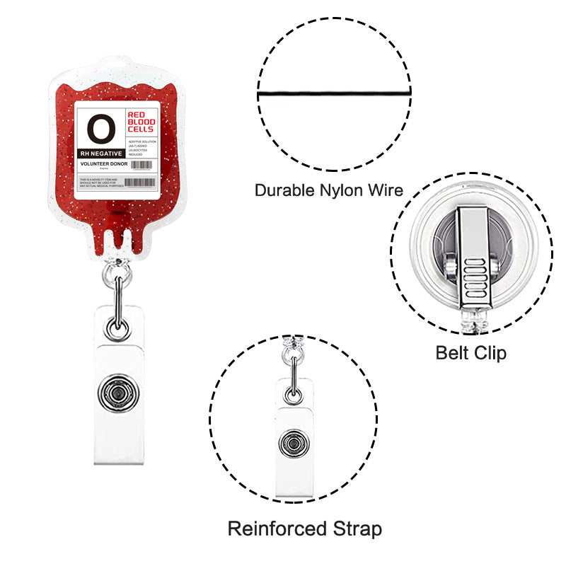 Wholesale Acrylic Glitter Blood Bag Alligator Clip Doctor Nurse Retractable Badge Reel Keychain
