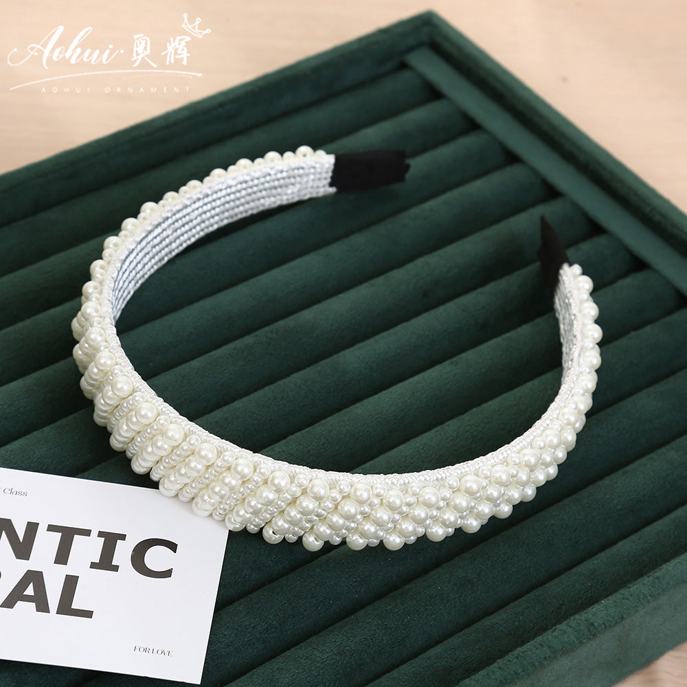 Wholesale Hand-woven imitation pearl headband wrapped headband bridal hair accessories crown bow versatile hairpin female