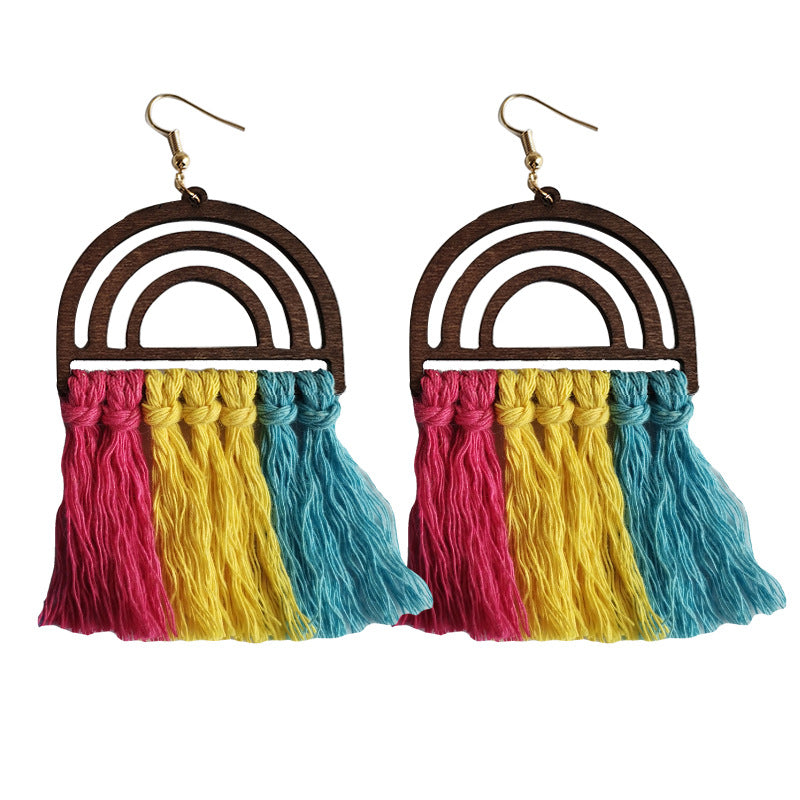 Wholesale LGBT Handwoven Wooden Rainbow Tassel Earrings
