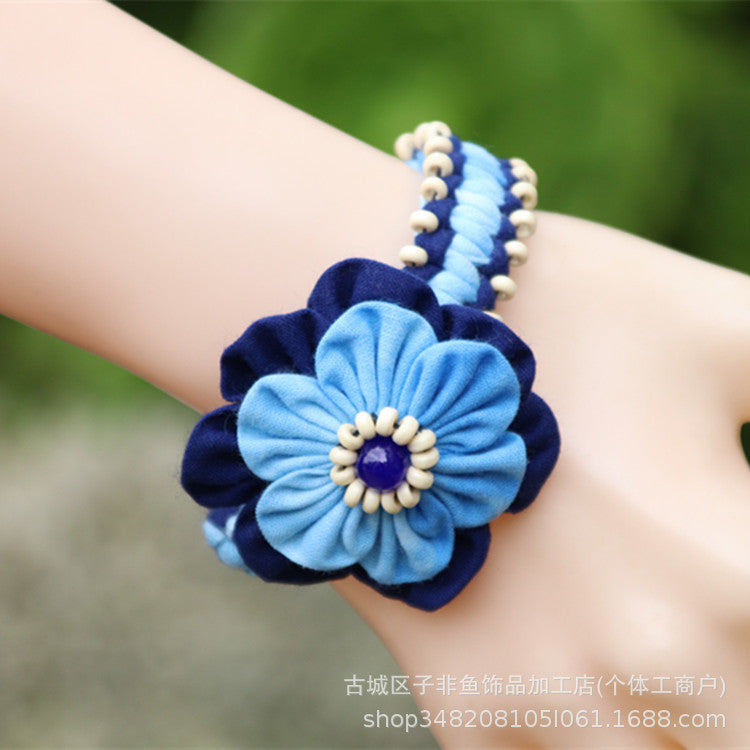 Wholesale Ethnic Style Tie-dye Hand-sewn Fabric Blue Dyed Blue Cloth Bracelet Jewelry