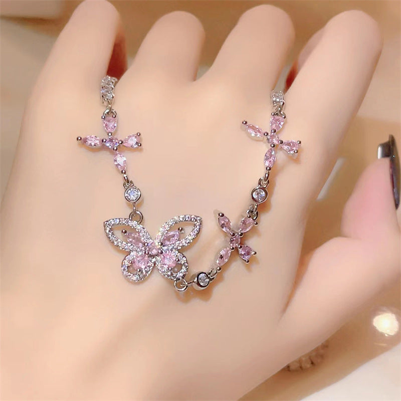 Wholesale Sweetheart Sakura Pink Asymmetric Butterfly Necklace for Women