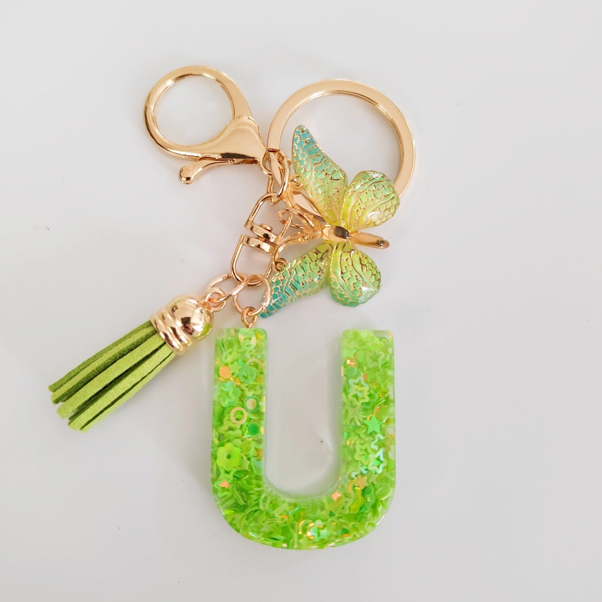 Wholesale 26 English Alphabet Keychain Pendant Green Star Glitter Resin Pendant  Key Chain