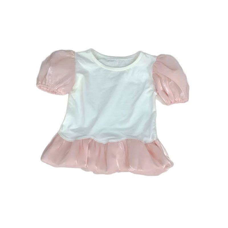 Wholesale Girls Cotton Bubble Sleeve Tee Solid Color Crew Neck Short Sleeve Top Summer Princess Style For Toddler Daily Wear