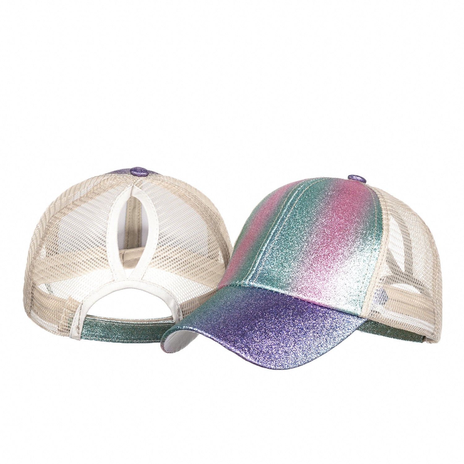 Wholesale Gradient Glitter Double Cross Elastic Mesh Ponytail Baseball Cap