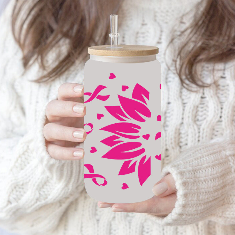 Wholesale Pink Cartoon Cute Anti-Cancer Theme 16oz Cup UV DTF Wraps