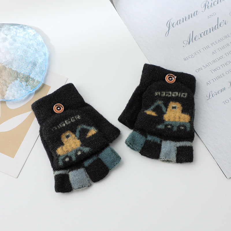 Wholesale Warm Flip Half Finger Knitted Cartoon Children's Imitation Cashmere Gloves