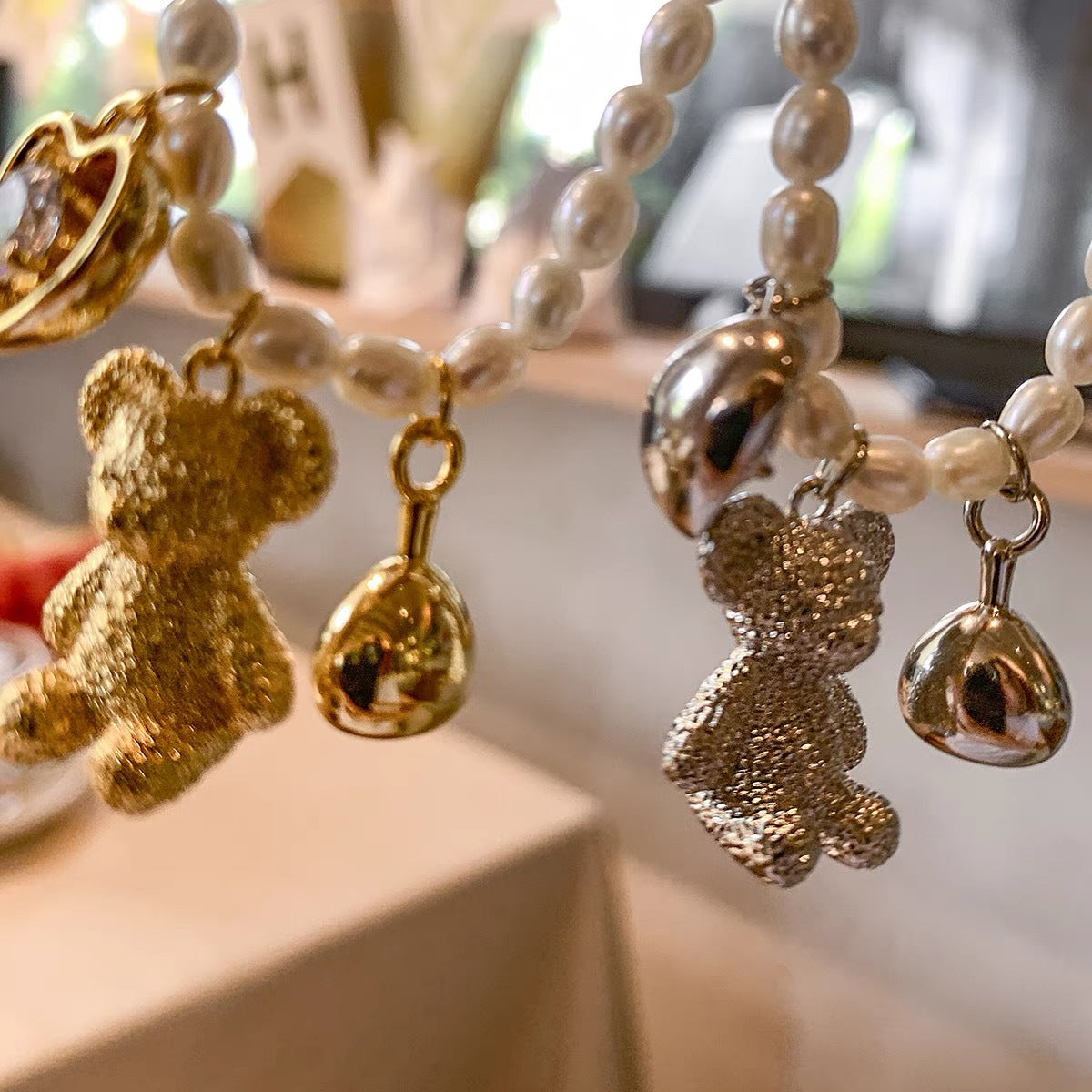 Wholesale Bear Heart Freshwater Pearl Zircon Multi Pendant Necklaces