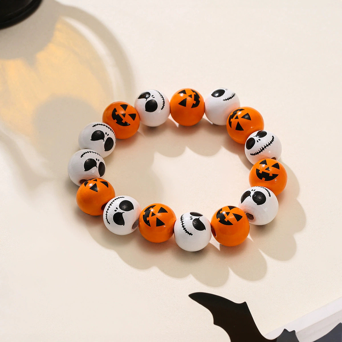 Wholesale Halloween Pumpkin Spider Punk Style Printed Wooden Bead Bracelet