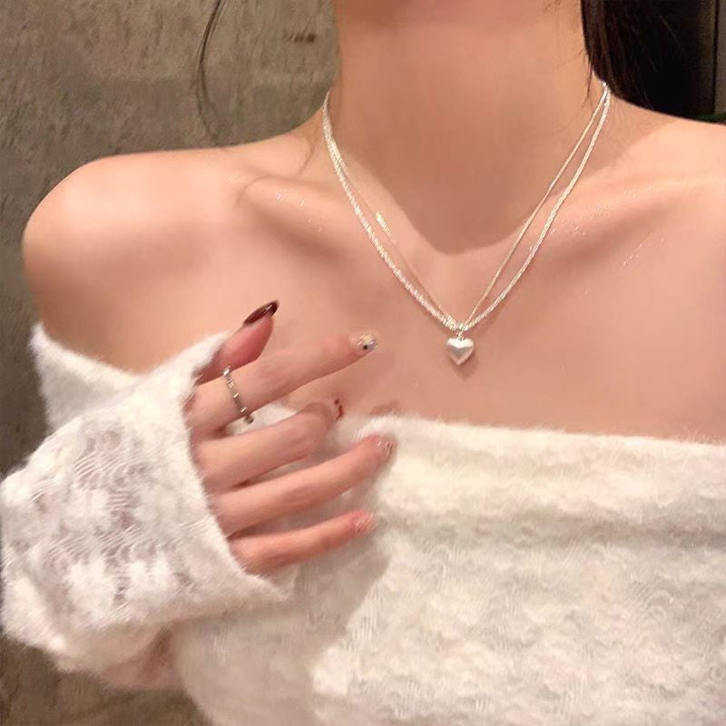 Wholesale Double layer brushed heart necklace clavicle chain