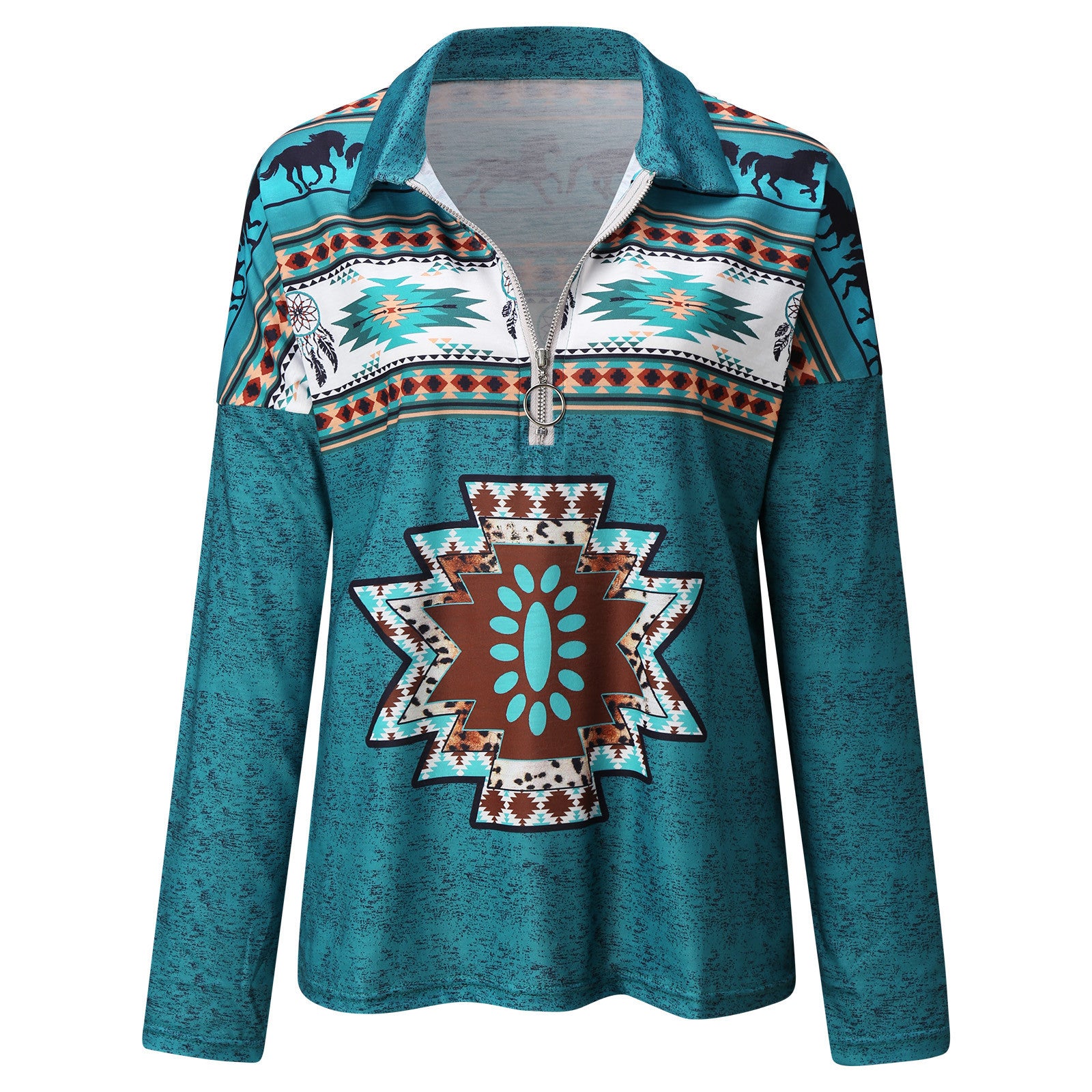 Wholesale Polyester V-neck Zipper Aztec Printed Long Sleeves