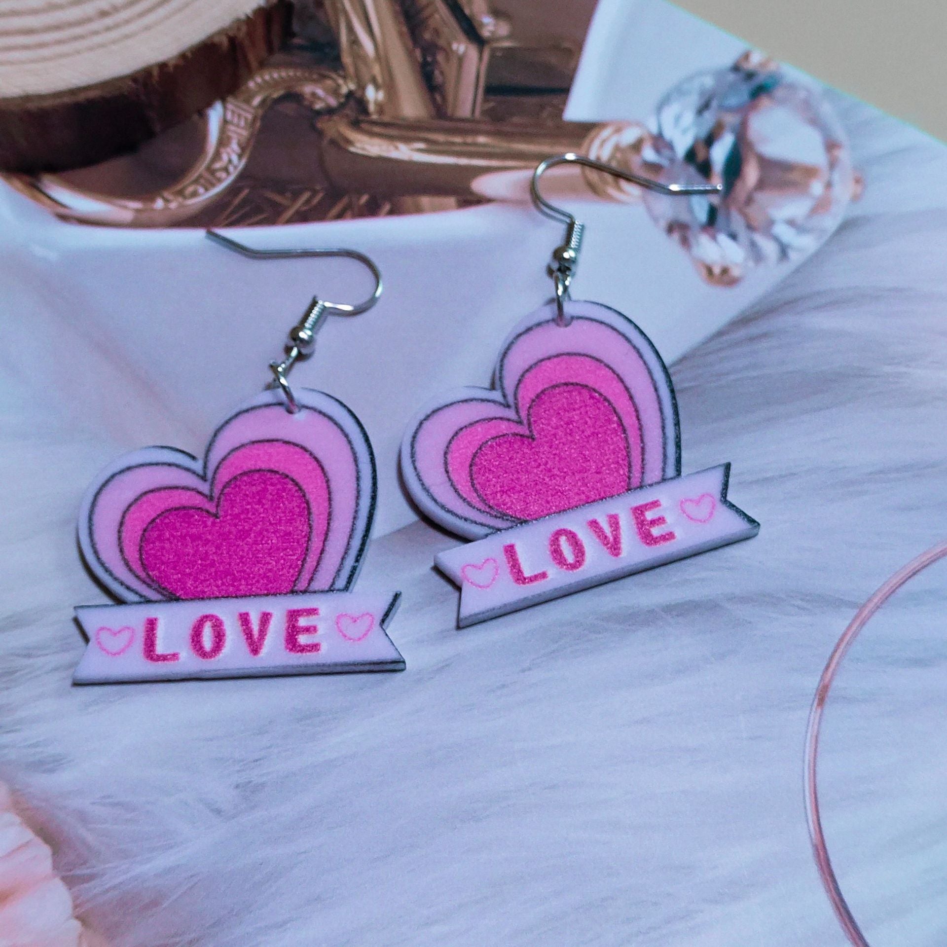 Wholesale Valentine's Day Acrylic Printed Heart Double Sided Hollow Flower Earrings