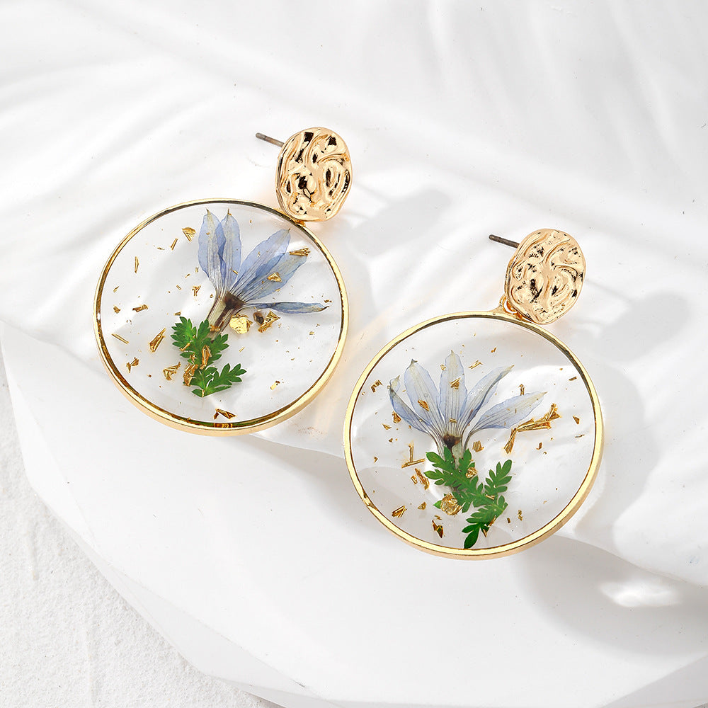 Wholesale Round Tin Foil Drip Glue Dried Flower Pastoral Style Earrings