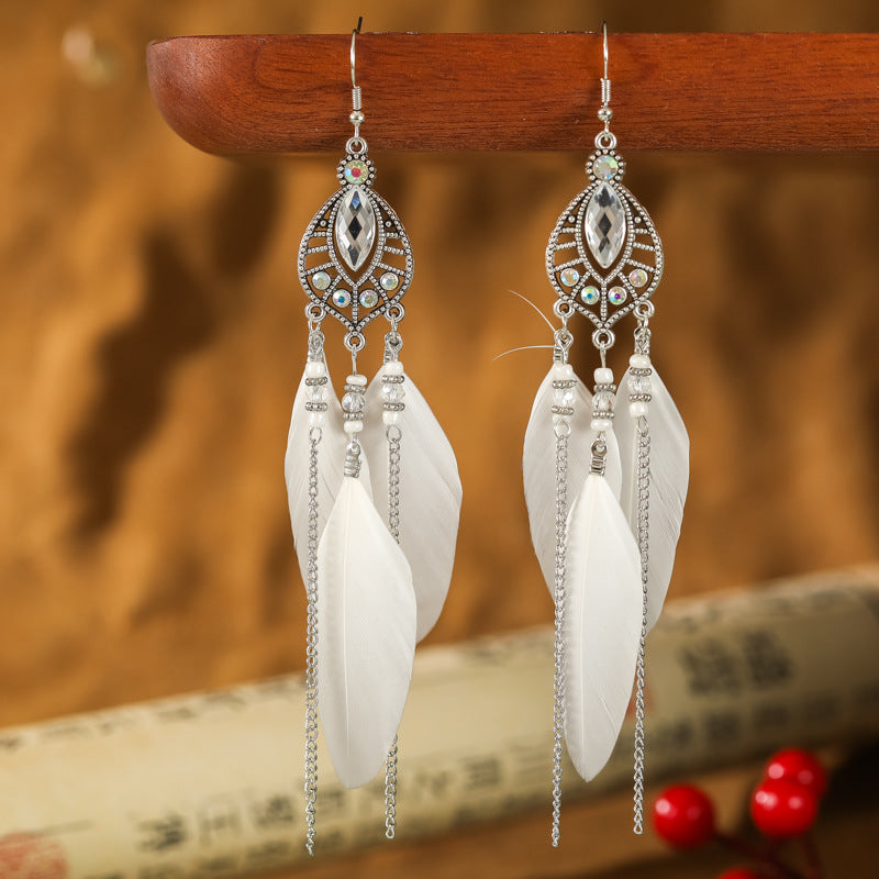 Wholesale Waterdrop Feather Retro Dot Diamond Chain Small Fresh Earrings