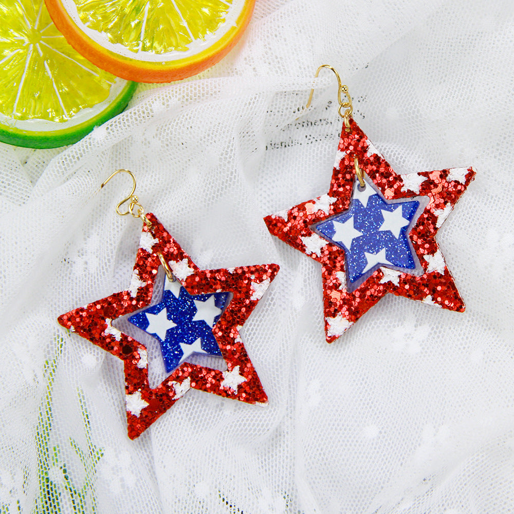 Wholesale Independence Day PU Leather Pentagram Geometric Earrings