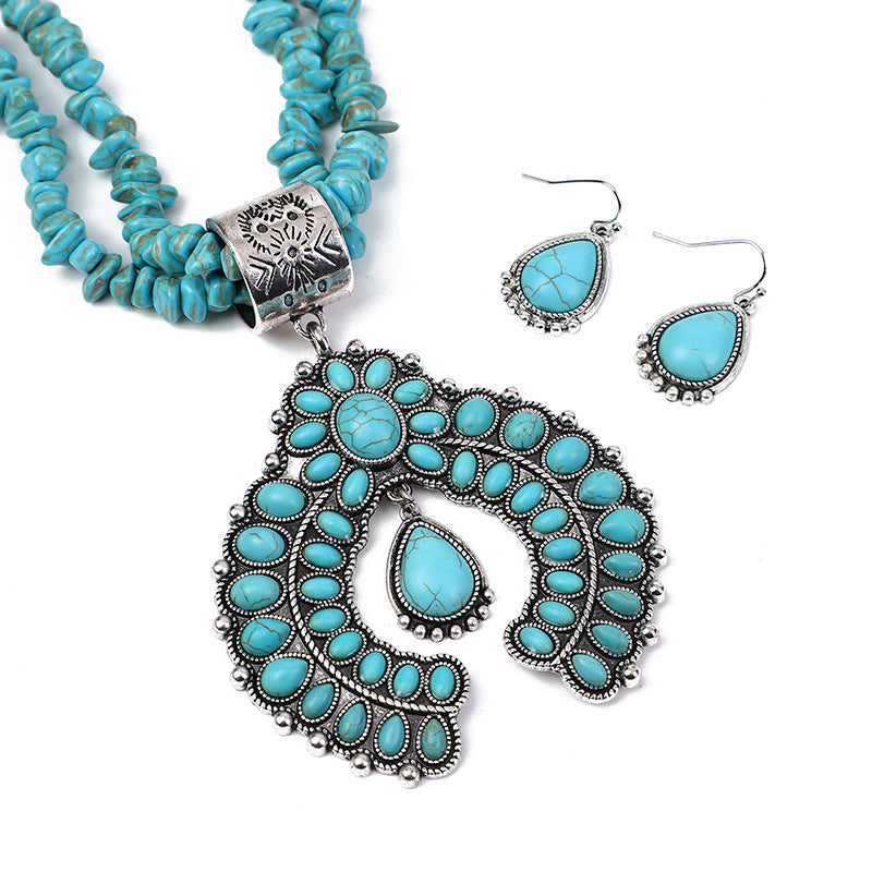 Wholesale Retro round flower turquoise pendant ethnic style alloy geometric earrings necklace jewelry set