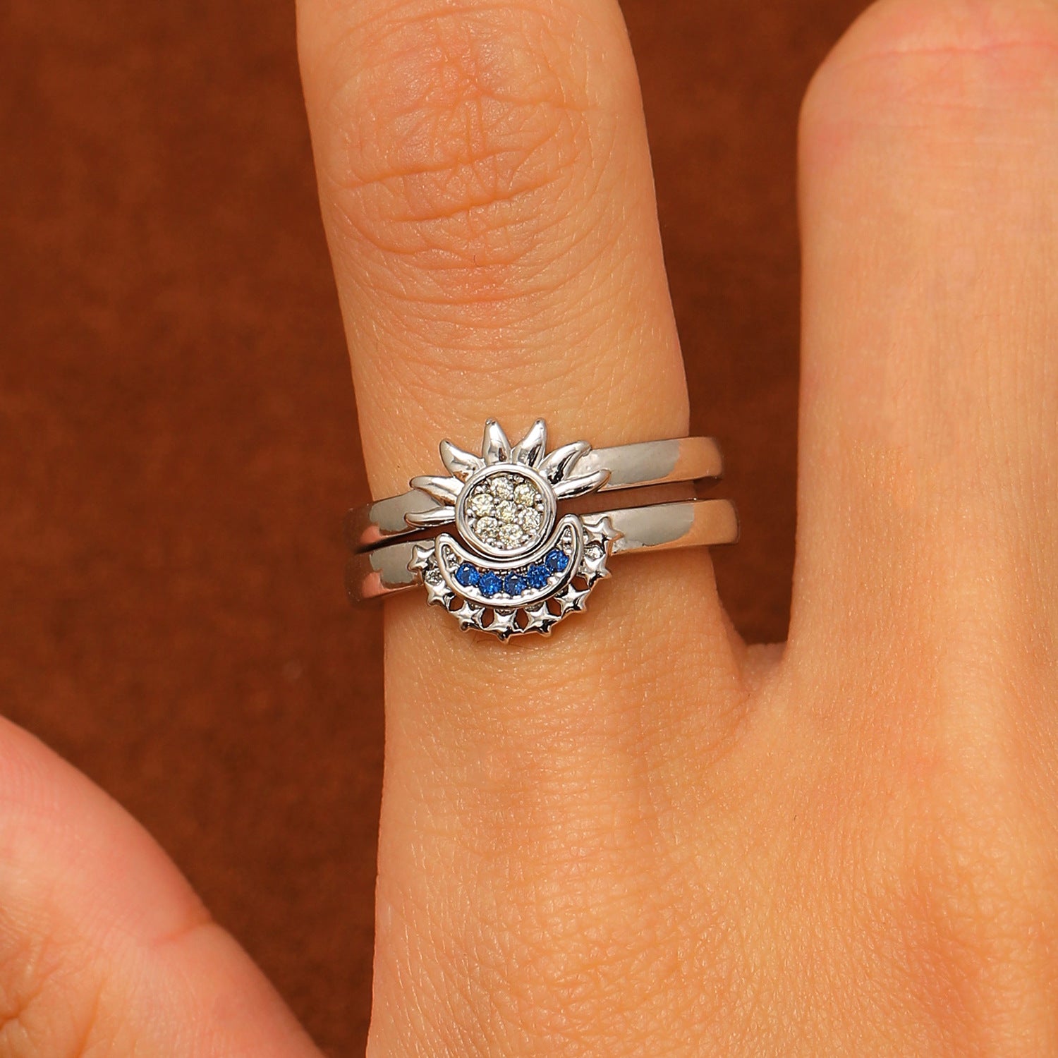 Wholesale Sun and Moon Tonghui Stacked  Diamond  Open Copper Rings Necklaces Jewelry Set