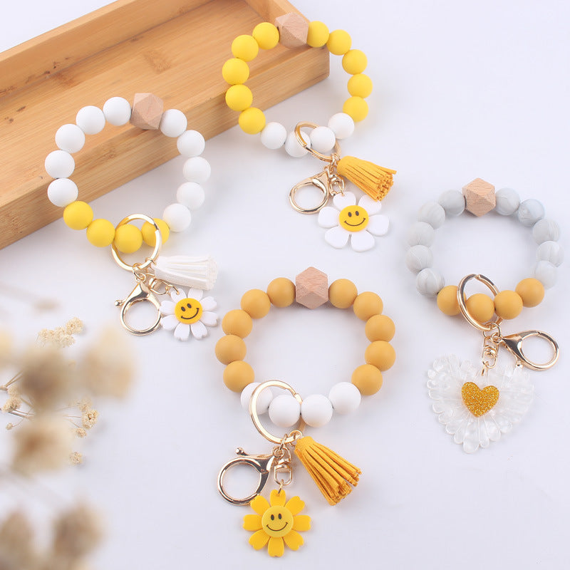 Wholesale Cartoon Sunflower Silicone Beaded Wrist Keychain