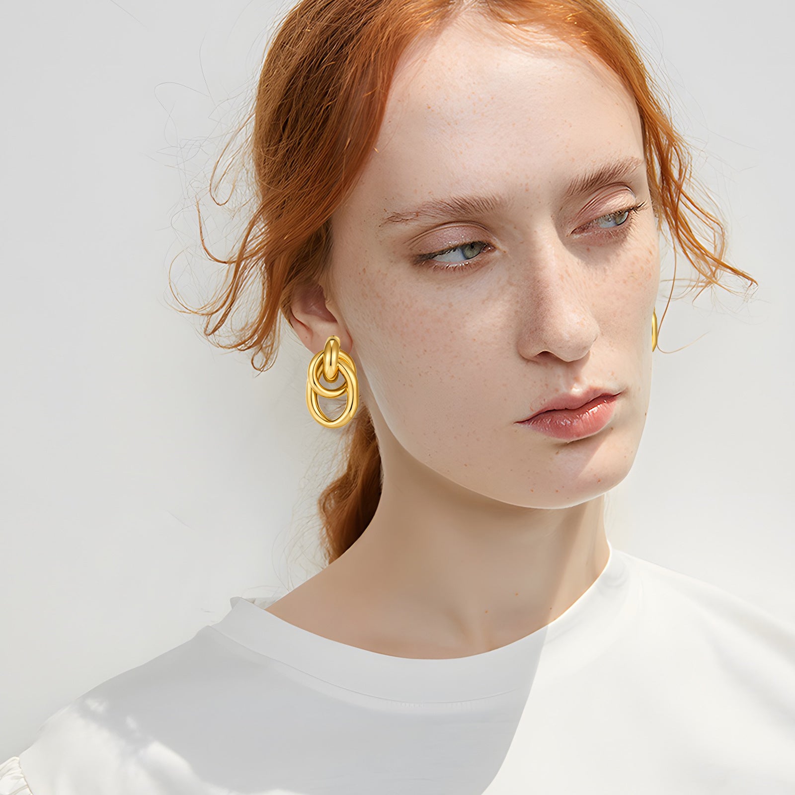 Wholesale Copper gold-plated double round two ring interlocking earrings