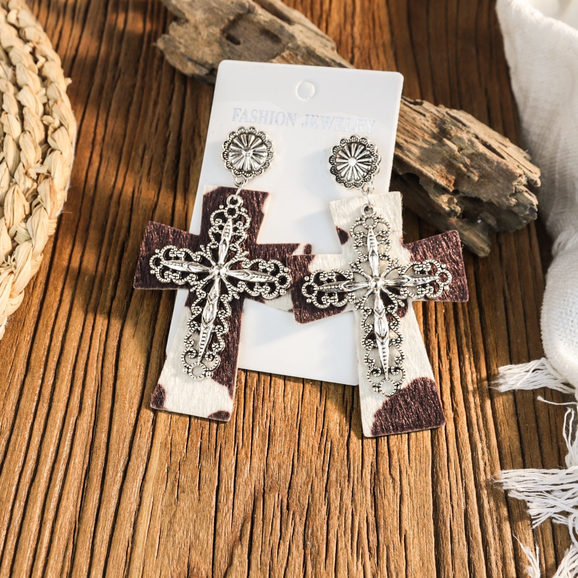 Wholesale Western-style leather leopard print cross earrings