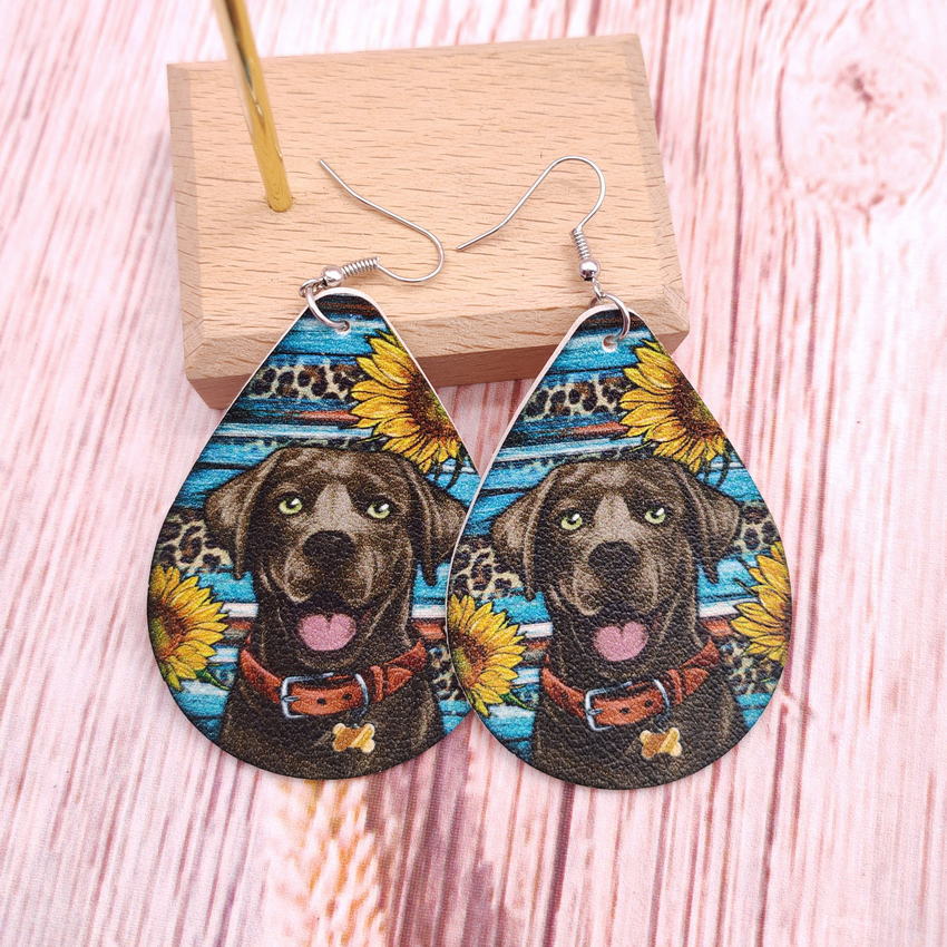 Wholesale Western Aztec Leopard Sunflower Labrador Leather Drop Earrings