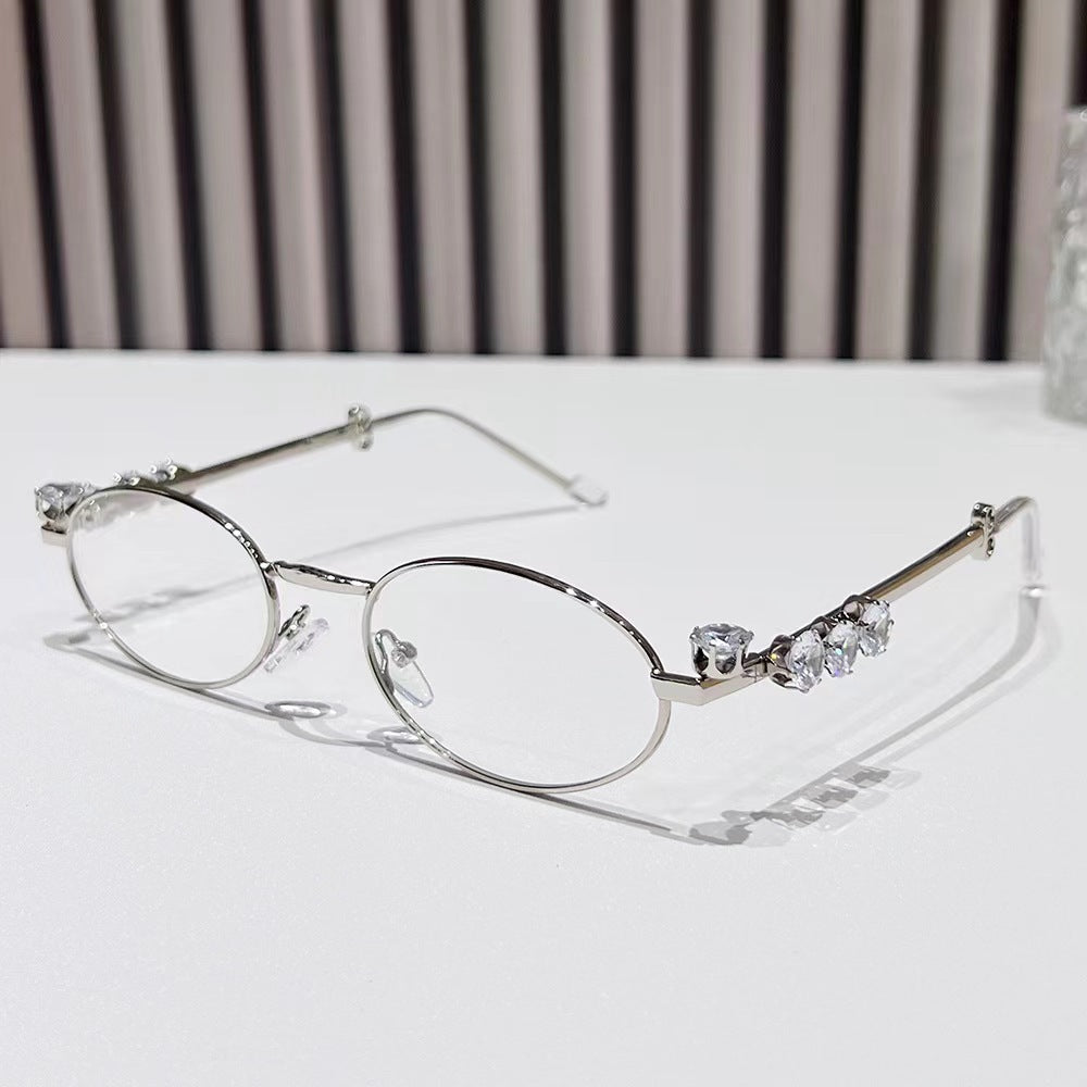 Wholesale Metal diamond oval small frame glasses resin anti-blue light glasses rhinestones plain y2k sunglasses