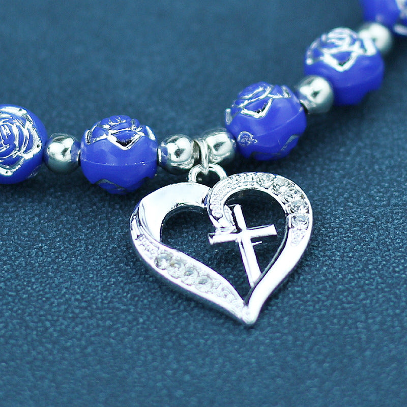 Wholesale Rose Beaded Heart Cross Couple Bracelet