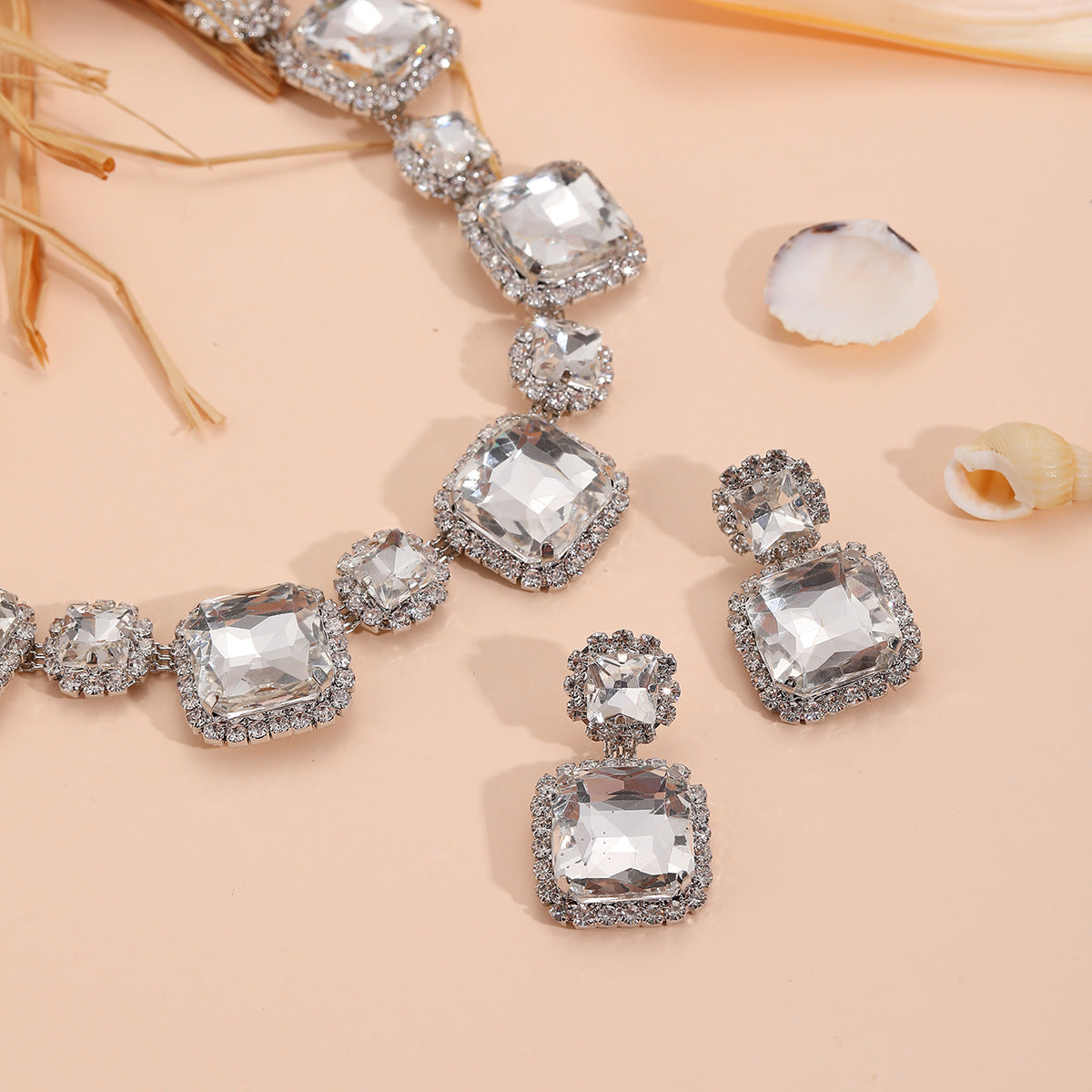 Wholesale Square rhinestone green red white earring necklace set