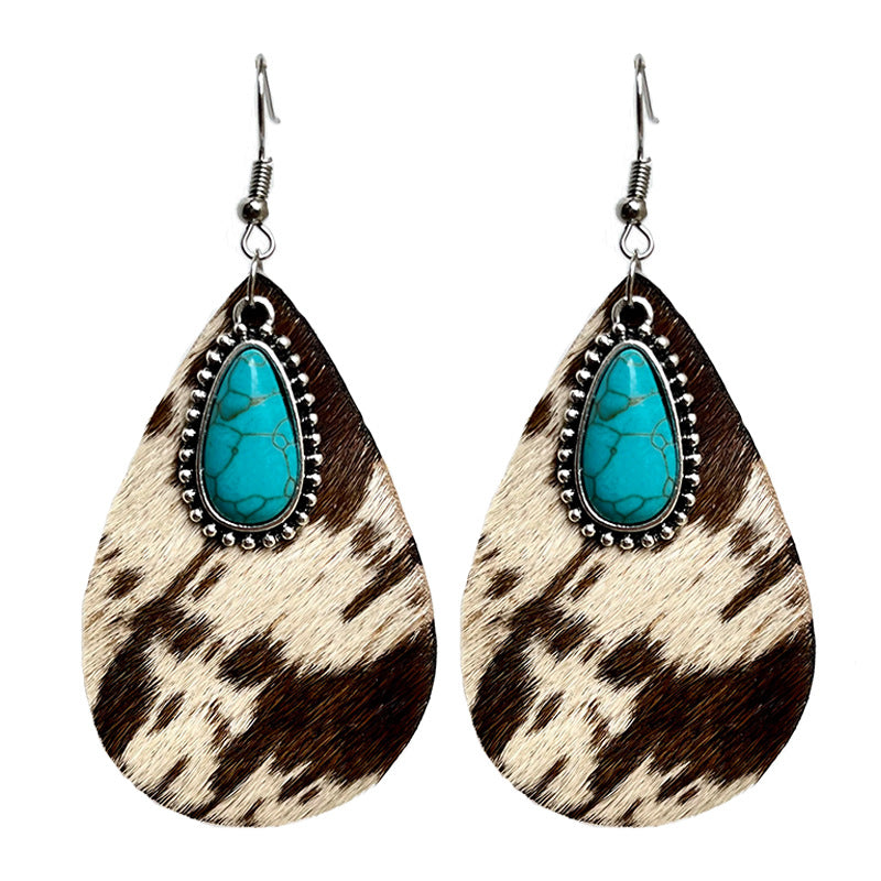 Wholesale Western Animal Pattern Cowhide Turquoise Metal Earrings
