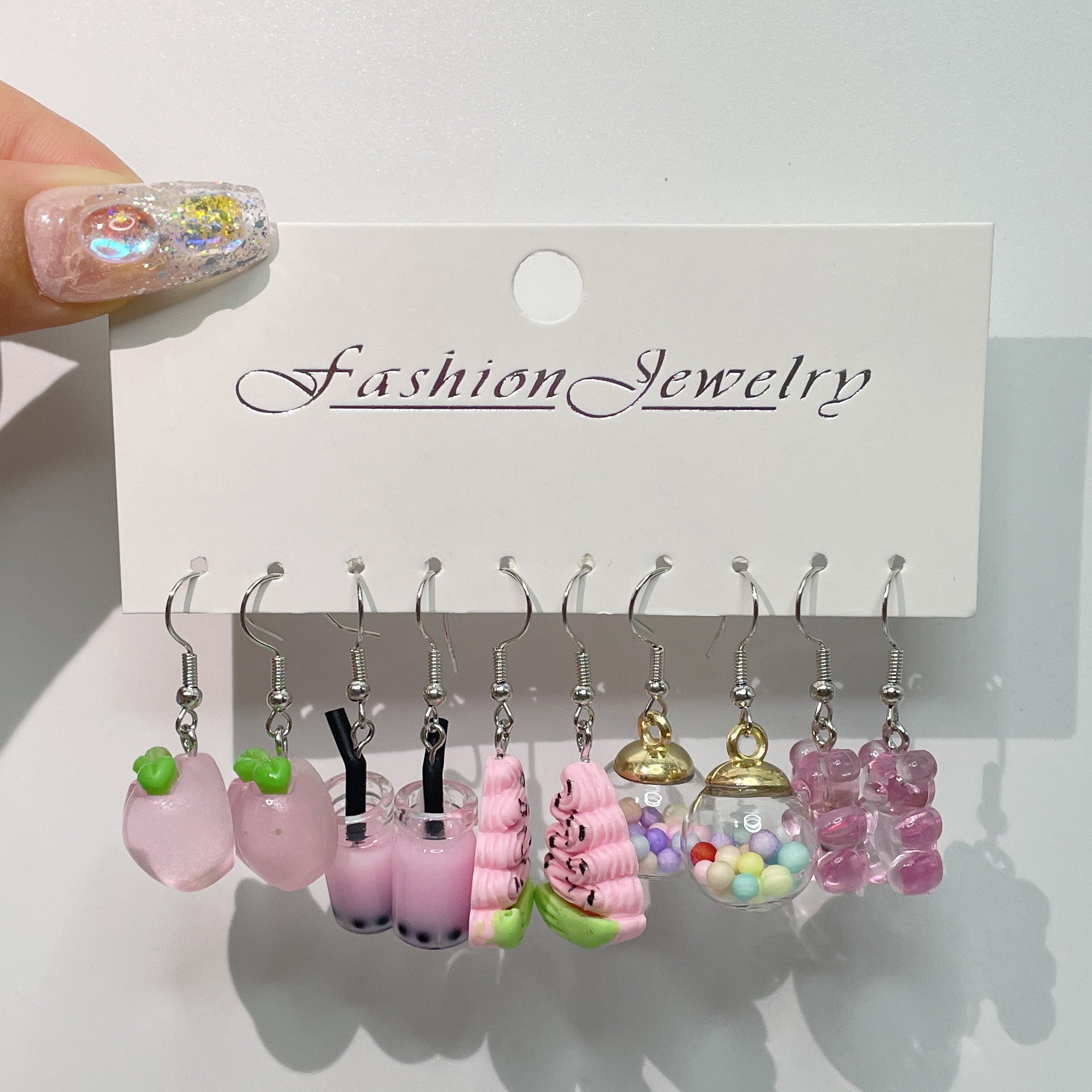 Wholesale 5pcs/pack Funny Frog Goldfish Simulated Food Play Cake Grape Peach Daisy Creative Earring Set