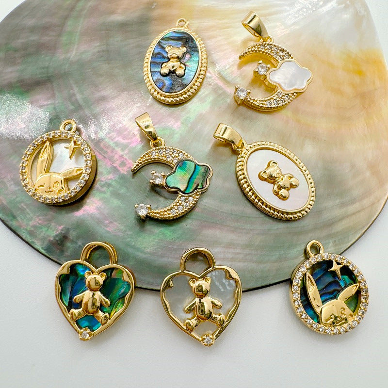 Wholesale Golden Natural Shell Abalone Shell Bear  Bracelet Necklace DIY Pendant