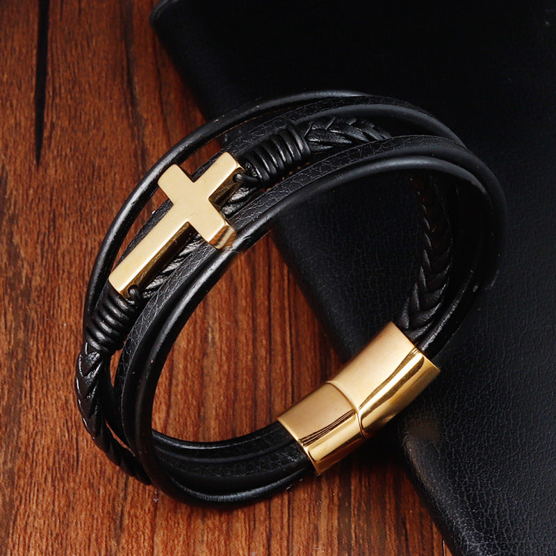 Wholesale Stainless Steel Leather Multi-layer Woven Men's Bracelets