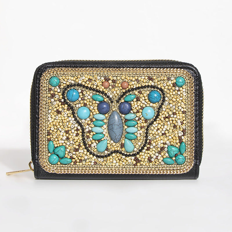 Wholesale Heavy Industry Boho Style Rice Beads Butterfly Flower PU Clutch Bag