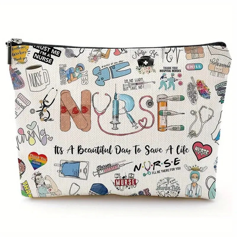 Wholesale Cotton and Linen Nurse Letter Print Storage Waterproof Linen Cosmetic Bag