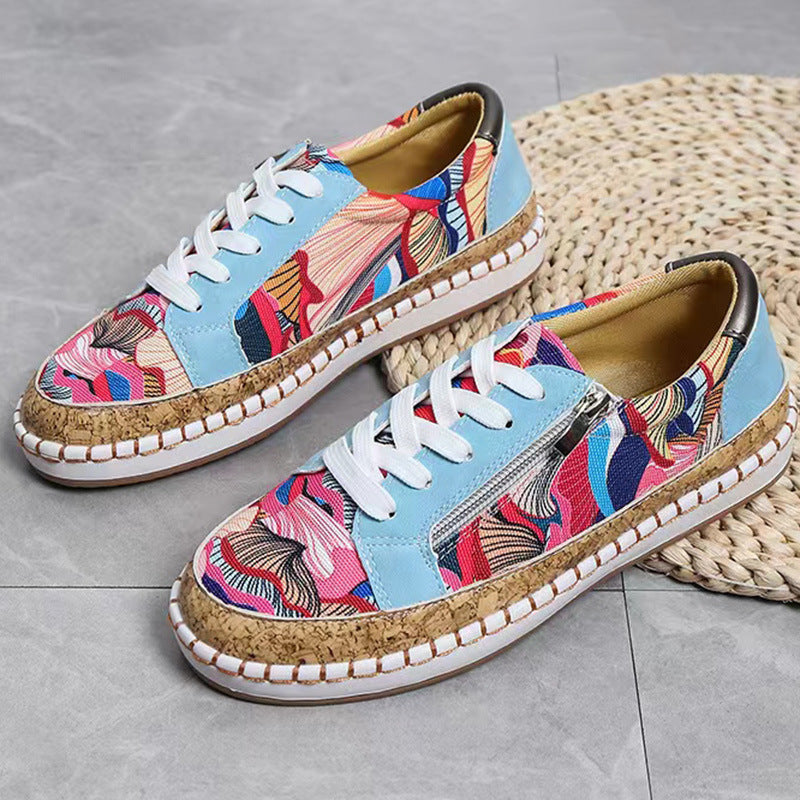 Wholesale New Ethnic Style Color Matching Printing Thick Bottom Sports Style Low Top PU Shoes